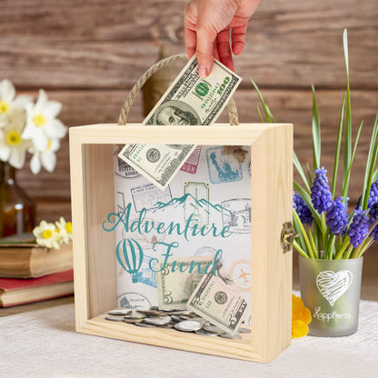 LotFancy Piggy Bank for Kids & Adults, Wooden Adventure Fund Money Bank, 8 x 8 x 2.25 inch, Decorative Shadow Box Saving Bank for Cash Coin Penny Change