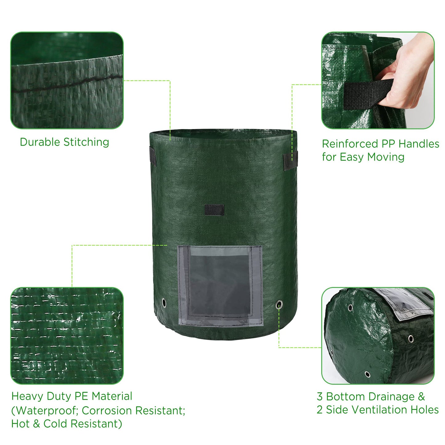 LotFancy Potato Grow Bags, 2 Pack, 10 Gallon Garden Plant Containers with Transparent Flap Window,Handles, PE Planter Pots for Vegetable, Carrot, Tomato, Onion, Dark Green