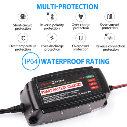 LotFancy 12V 5A Battery Charger, Automatic Smart Trickle Charger Maintainer for Car, Automotive, SUV, Motorcycle, Boat, ATV, RV, Deep Cycle, SLA Gel VRLA Wet AGM Sealed Lead Acid Battery