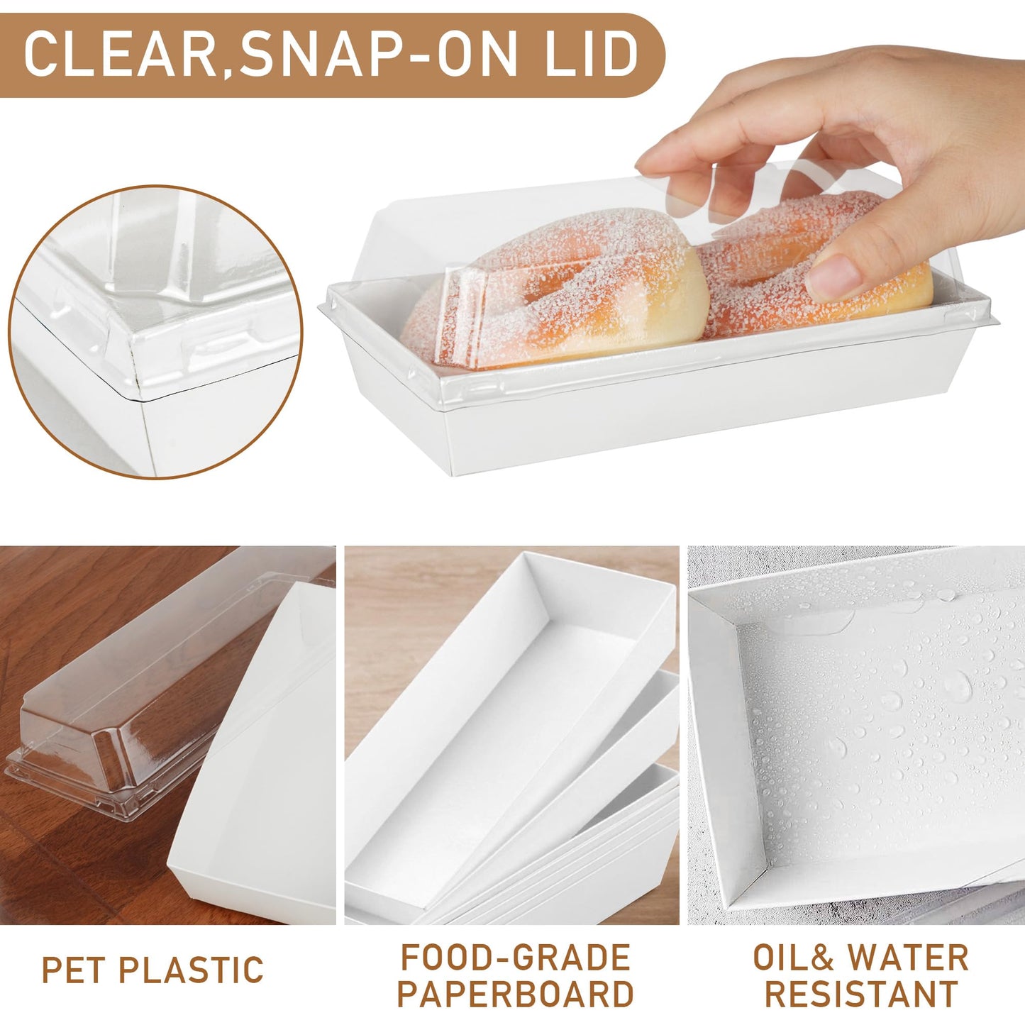 LotFancy Paper Charcuterie Boxes with Clear Lids, 50 Pack, Disposable To Go Dessert Containers, White Bakery Boxes for Sandwich, Fruit, Strawberries, Hot Cocoa Bombs, Sushi, Cookies