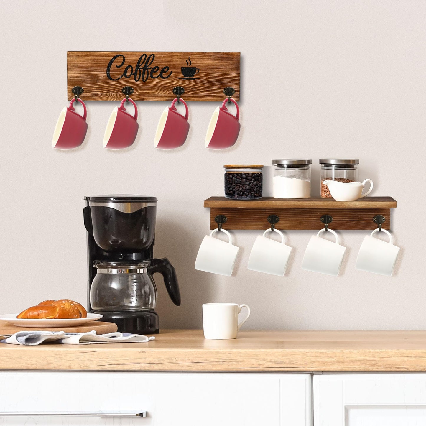 LotFancy Coffee Cup Holder, Wall Mounted Mug Rack with 8 Sturdy Hooks, Coffee Bar Accessories Set for Coffee Station Organizer, Rustic Coffee Nook Décor