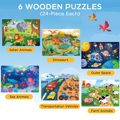 BenBen Jigsaw Puzzles, Wooden Puzzles for Kids Ages 3-5, 6 Pack 24 Piece Toddler Puzzle for Boys Girls, Preschool Learning Educational Toys