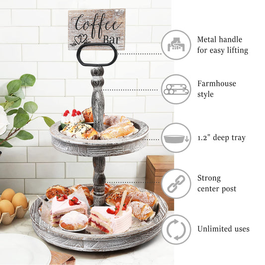 LotFancy Farmhouse Tiered Tray, Distressed Wooden 2 Tier Stand with Metal Handle, 17x14'' White Round Decorative Tray, Wood Sign Included