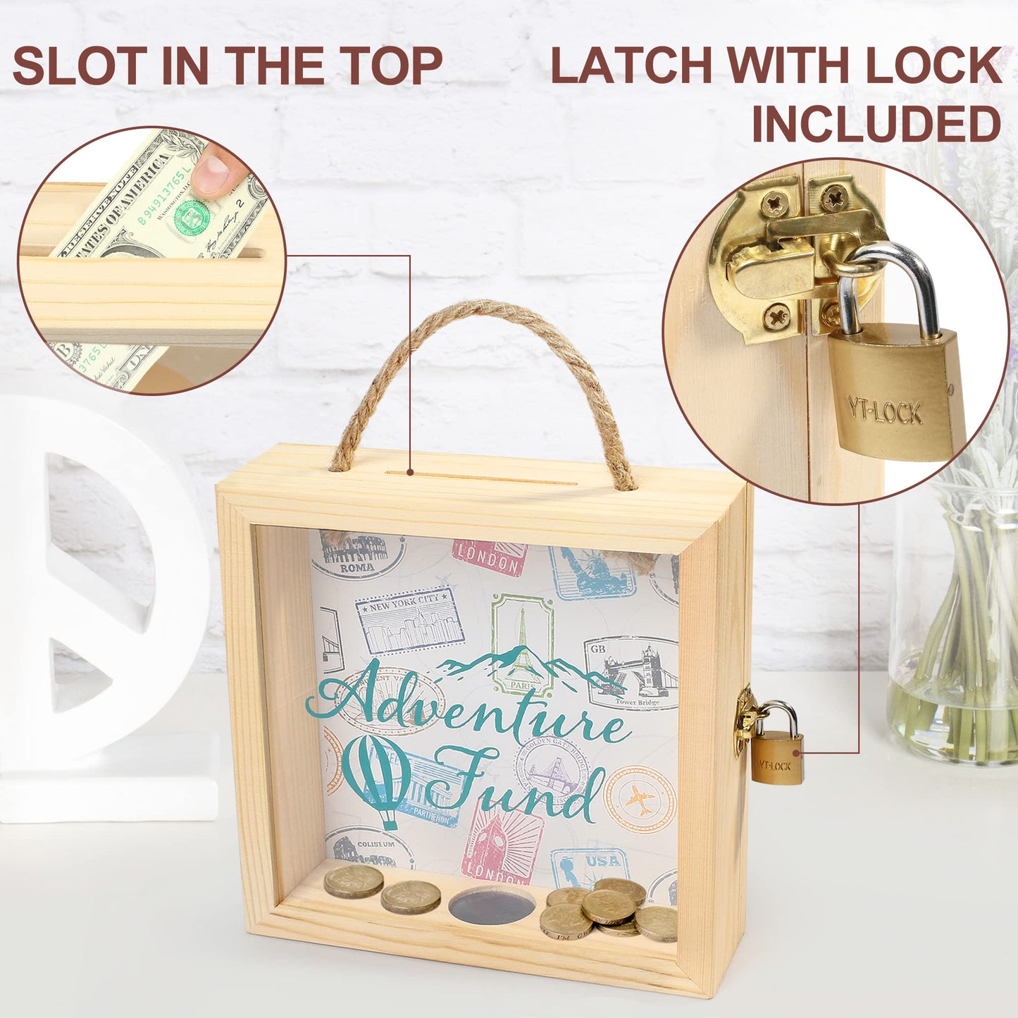 LotFancy Piggy Bank for Kids & Adults, Wooden Adventure Fund Money Bank, 8 x 8 x 2.25 inch, Decorative Shadow Box Saving Bank for Cash Coin Penny Change