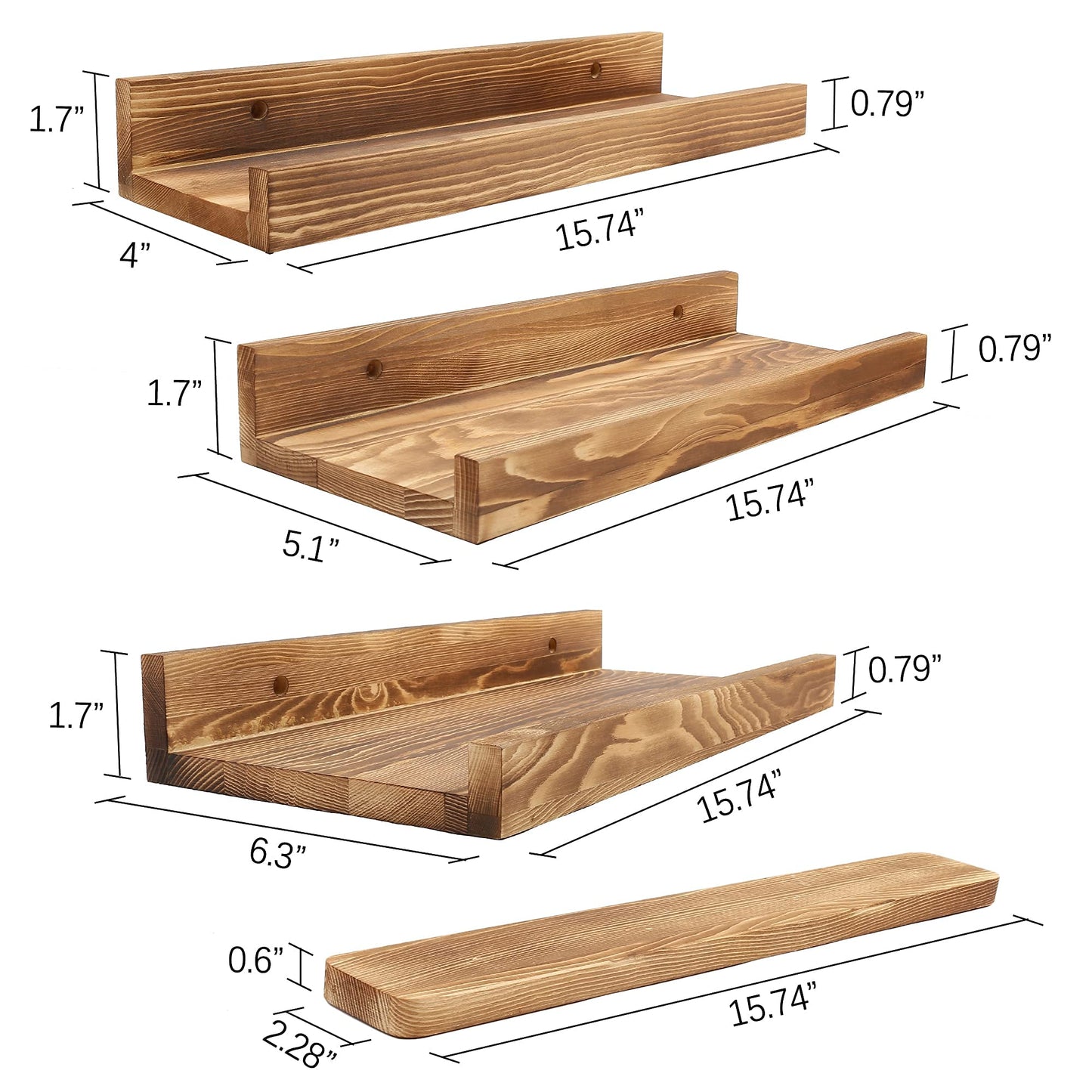 LotFancy Floating Shelves, 16 Inch, Set of 3, Wall Mounted Wood Shelves, Rustic Wall Shelf Picture Ledge for Bathroom, Living Room, Bedroom, Office, Kitchen, Bonus a Wooden Board with 4 Hooks