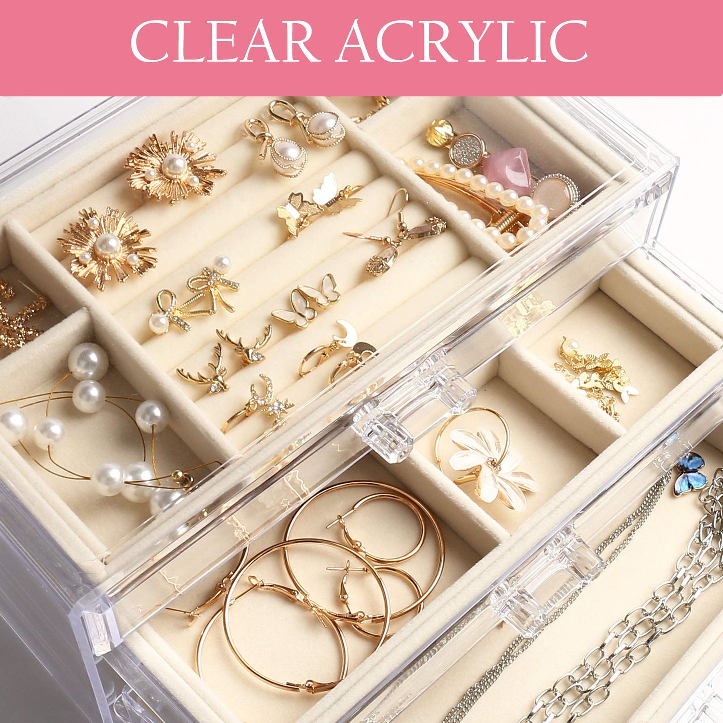 LotFancy Acrylic Jewelry Organizer with 3 Drawers, Velvet Jewelry Box for Women Girls, Clear Jewelry Storage Case for Earring Bangle Bracelet Necklace and Rings, Beige