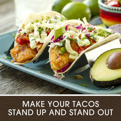 LotFancy Taco Holder Stand with Handles, Set of 4, Stainless Steel Taco Rack Serving Trays, Easy To Fill Tacos Plates, Oven Grill Dishwasher Safe, Shell Baking Racks