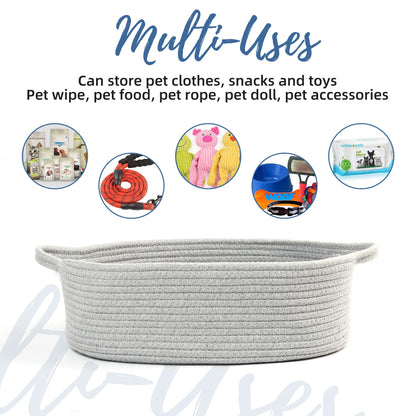 Prime Pets Dog Toy Basket, Cotton Rope Storage Basket with Handles, 14.5" x 11" x 5" H, Small Woven Storage Bin for Puppy Cat Pet Supplies, Grey