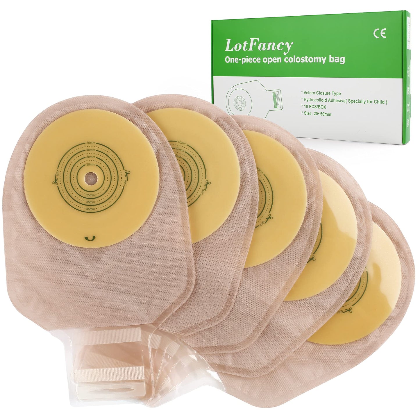 LotFancy 10PCS Ostomy Supplies - Pediatric Colostomy Bags - One Piece Drainable Pouches with Hook and Loop Closure for Kids Children Colostomy Ileostomy Stoma Care, Cut to Fit (Max 50mm), Pack of 10