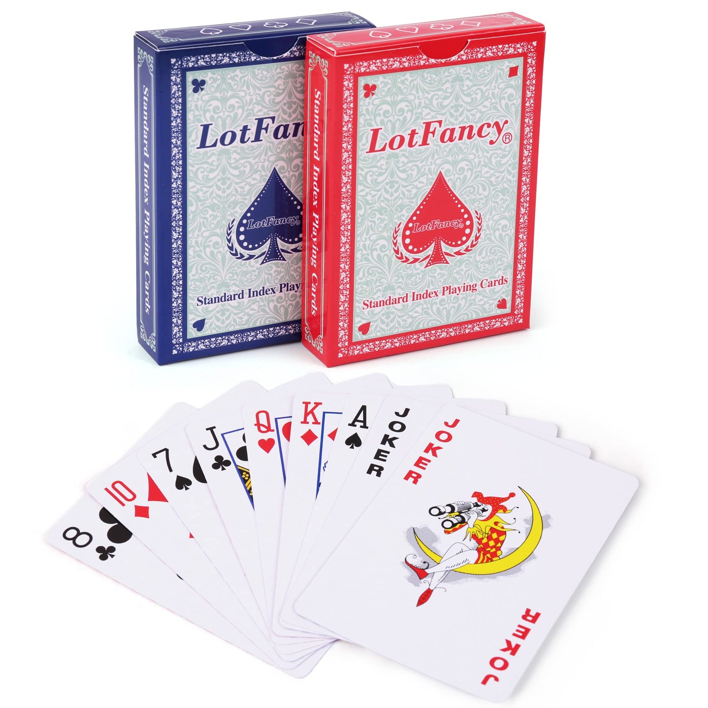 LotFancy Playing Cards, 2 Pack, Poker Size Standard Index, Decks of Cards (Blue and Red), for Blackjack, Euchre, Canasta Card Game, Casino Grade