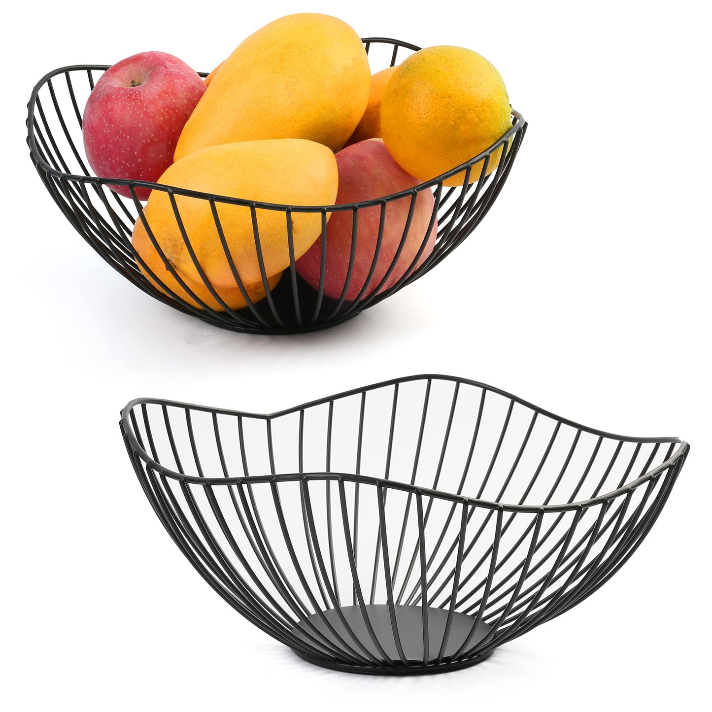 LotFancy Fruit Bowl, 2 Pack, Metal Wire Fruit Basket for Kitchen Living Room, Modern Decorative Countertop Vegetable Fruit Holder Organizer, Black