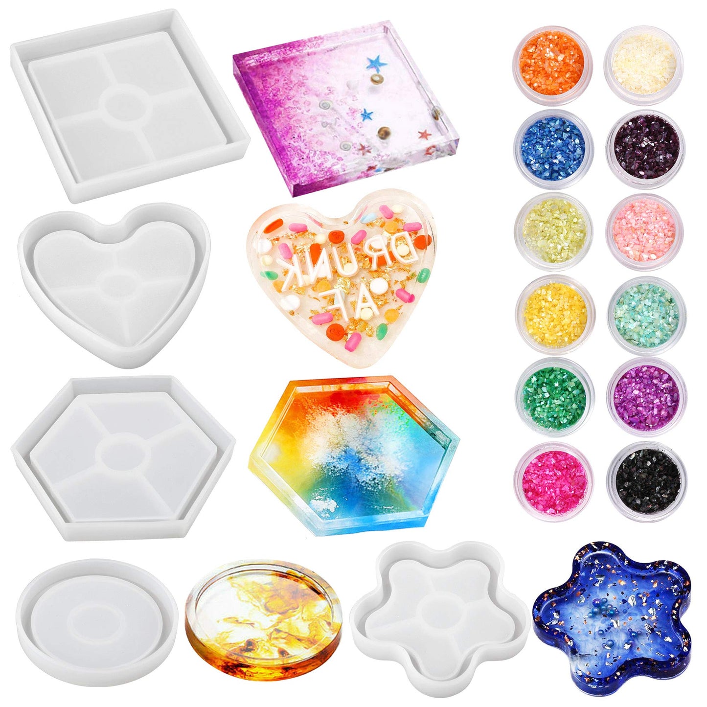 LotFancy Coaster Molds for Resin Casting, 5pcs Epoxy Resin Molds, DIY Art Silicone Molds, with 12 Colors of Chunky Glitter Sequins, Round Hexagon Square Heart Flower Shape Pack