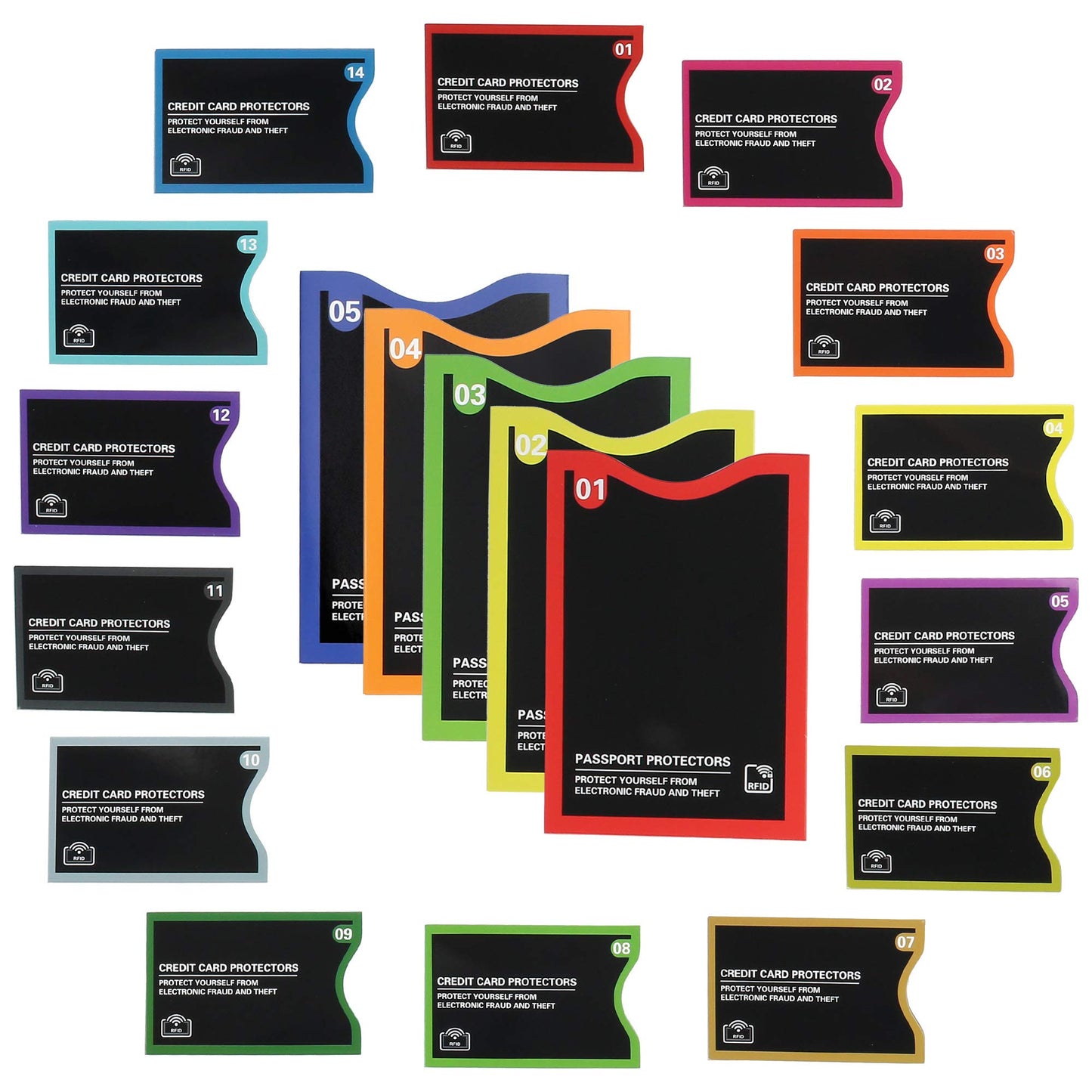 19 RFID Blocking Sleeves (14 Credit Card Protectors and 5 Passport Holders) for Identity Theft Protection