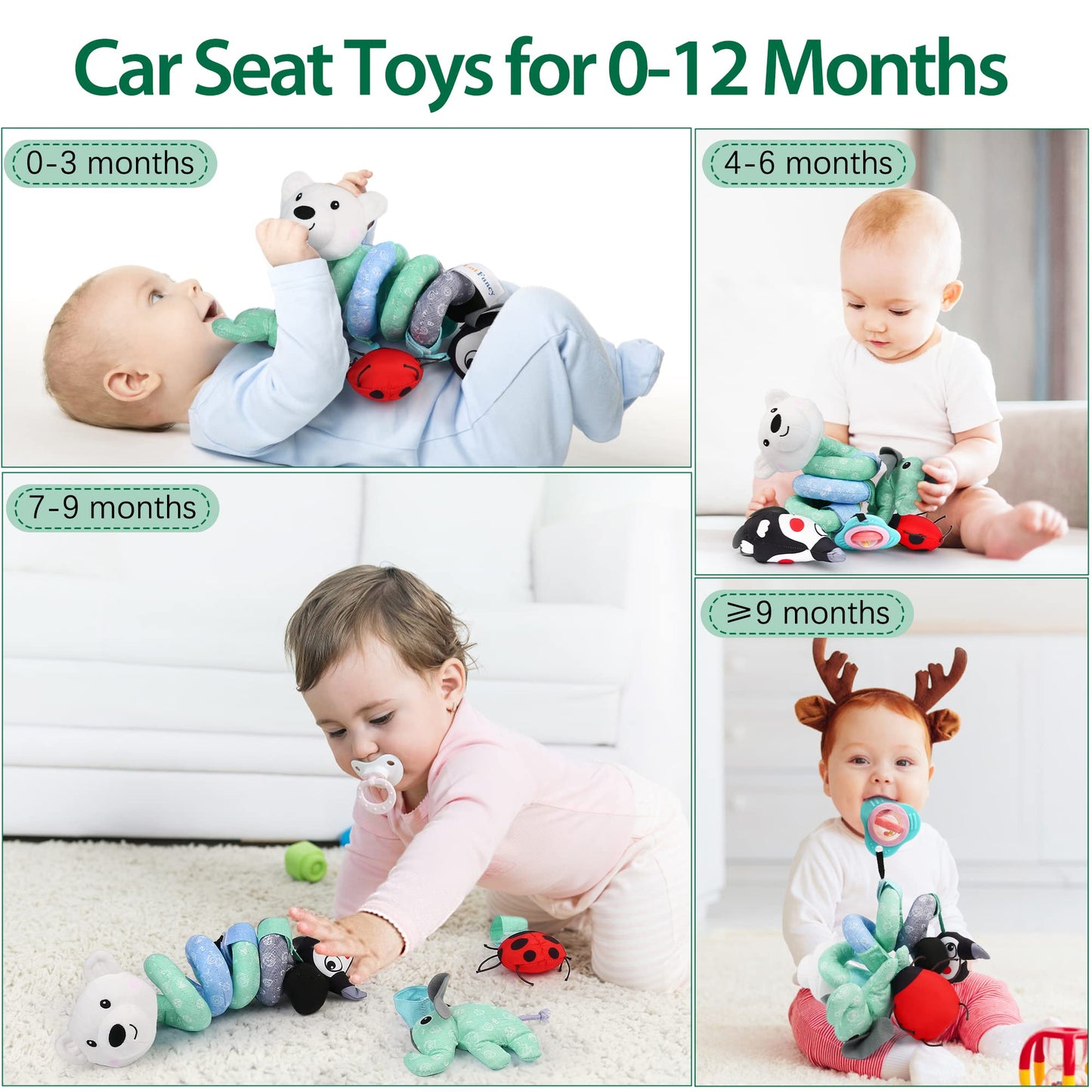 LotFancy Baby Car Seat Toys, Infant Hanging Stroller Toys for Carseat Crib Bar Bassinet, Newborn Activity Spiral Plush Toys with Music BB Squeaker Rattles for 0 3 6 9 12 Months