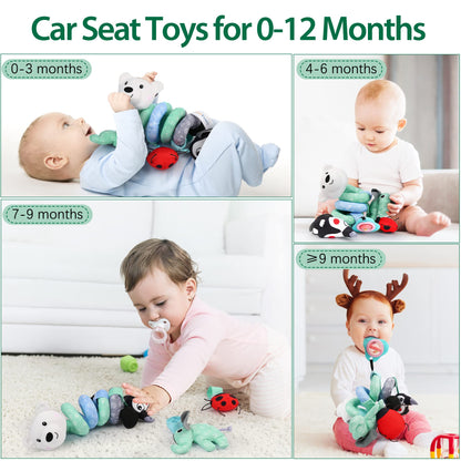 LotFancy Baby Car Seat Toys, Infant Hanging Stroller Toys for Carseat Crib Bar Bassinet, Newborn Activity Spiral Plush Toys with Music BB Squeaker Rattles for 0 3 6 9 12 Months
