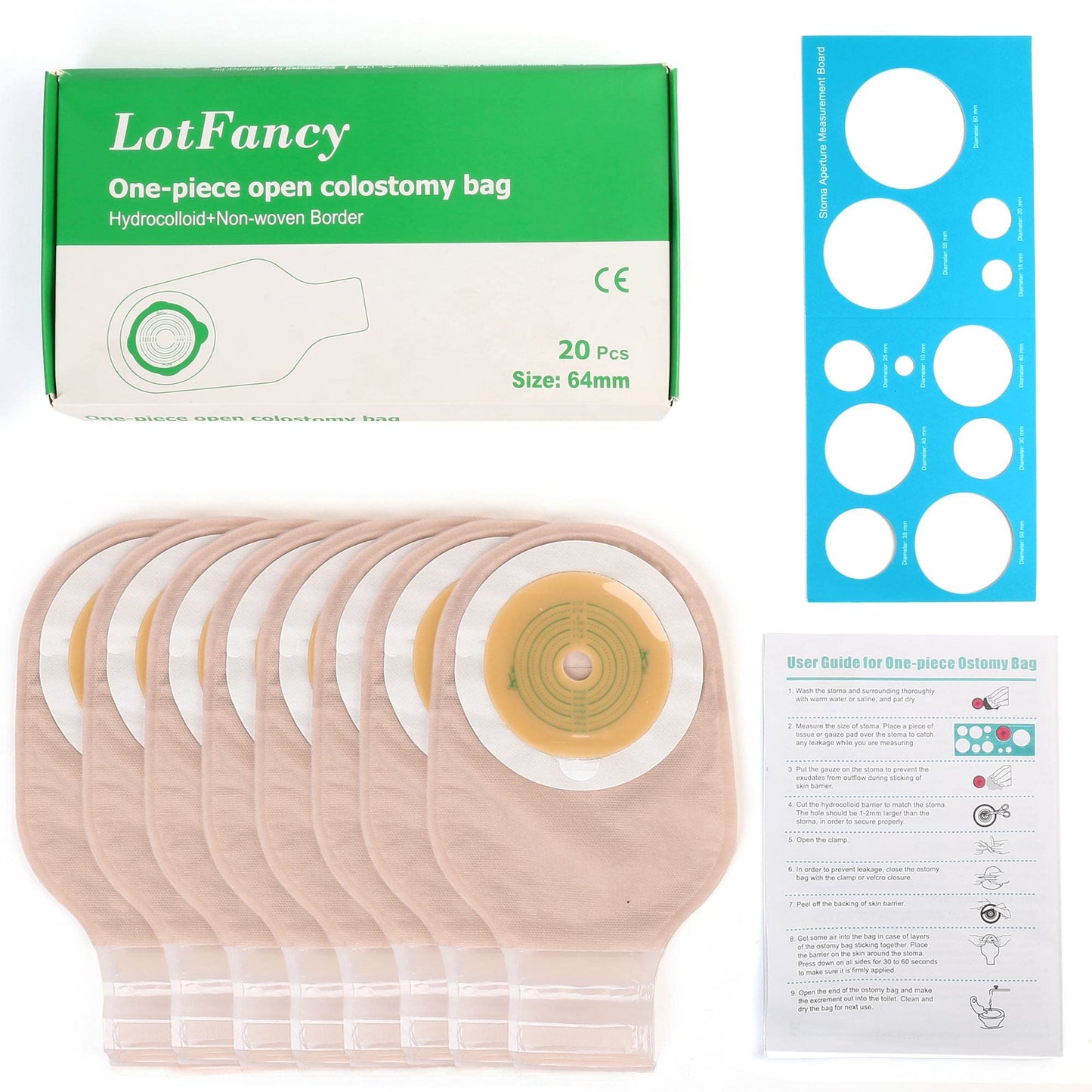 LotFancy Colostomy Bags, 10Pcs One Piece Drainable Pouches for Ostomy Colostomy Ileostomy Stoma Care, Cut-to-Fit (Max 64mm), Ostomy Supplies