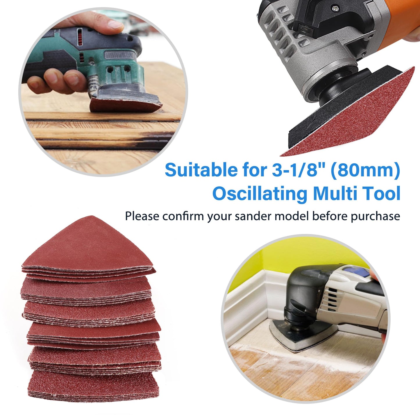 LotFancy Sanding Pad for Oscillating Multitool, Detail Sander Sandpaper, 40 60 80 120 180 240 Assorted Grit Triangle Sanding Sheets, 3-1/8 Inch (80mm), Hook and Loop