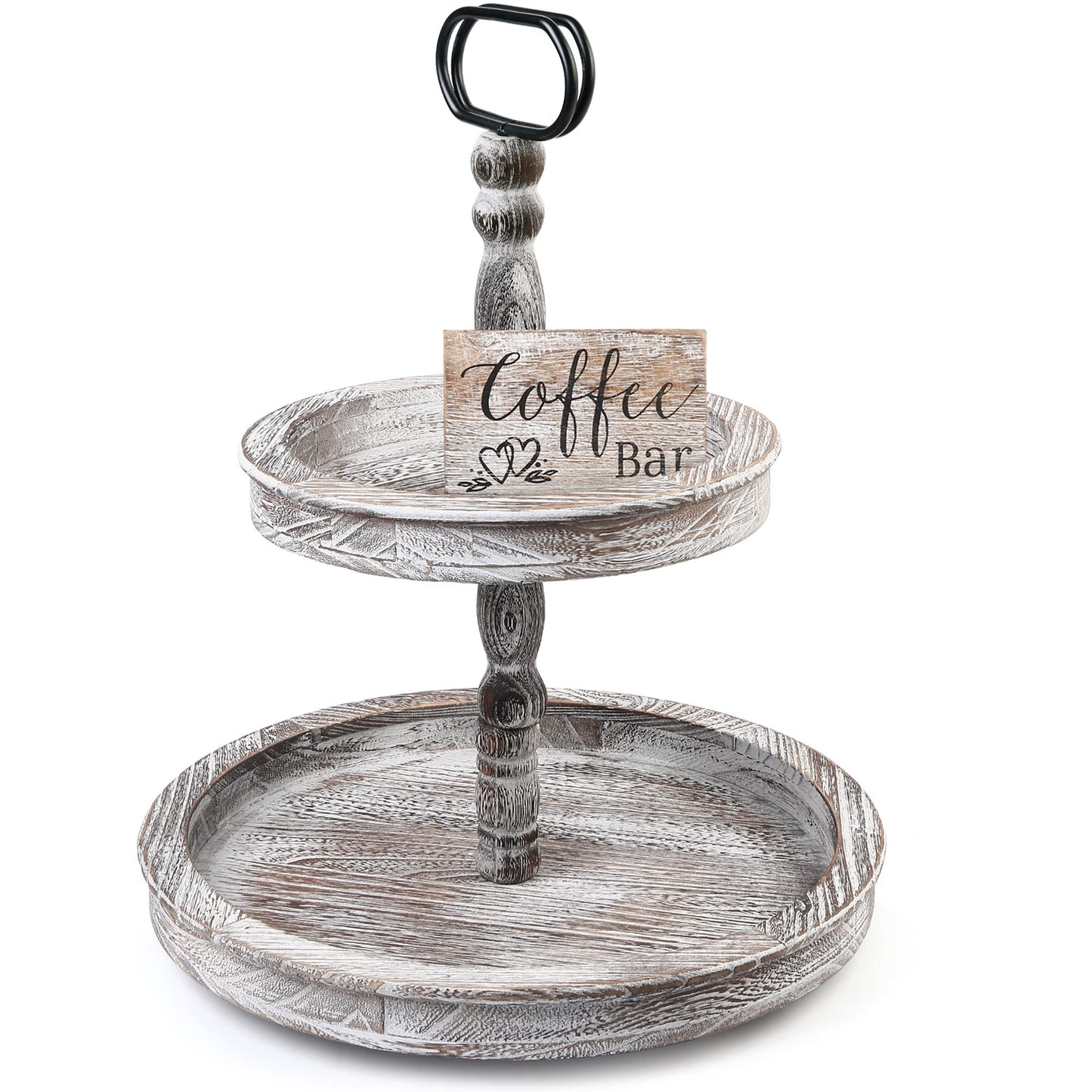 LotFancy Farmhouse Tiered Tray, Distressed Wooden 2 Tier Stand with Metal Handle, 17x14'' White Round Decorative Tray, Wood Sign Included