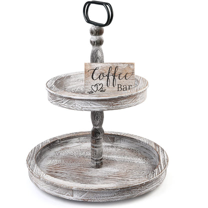 LotFancy Farmhouse Tiered Tray, Distressed Wooden 2 Tier Stand with Metal Handle, 17x14'' White Round Decorative Tray, Wood Sign Included