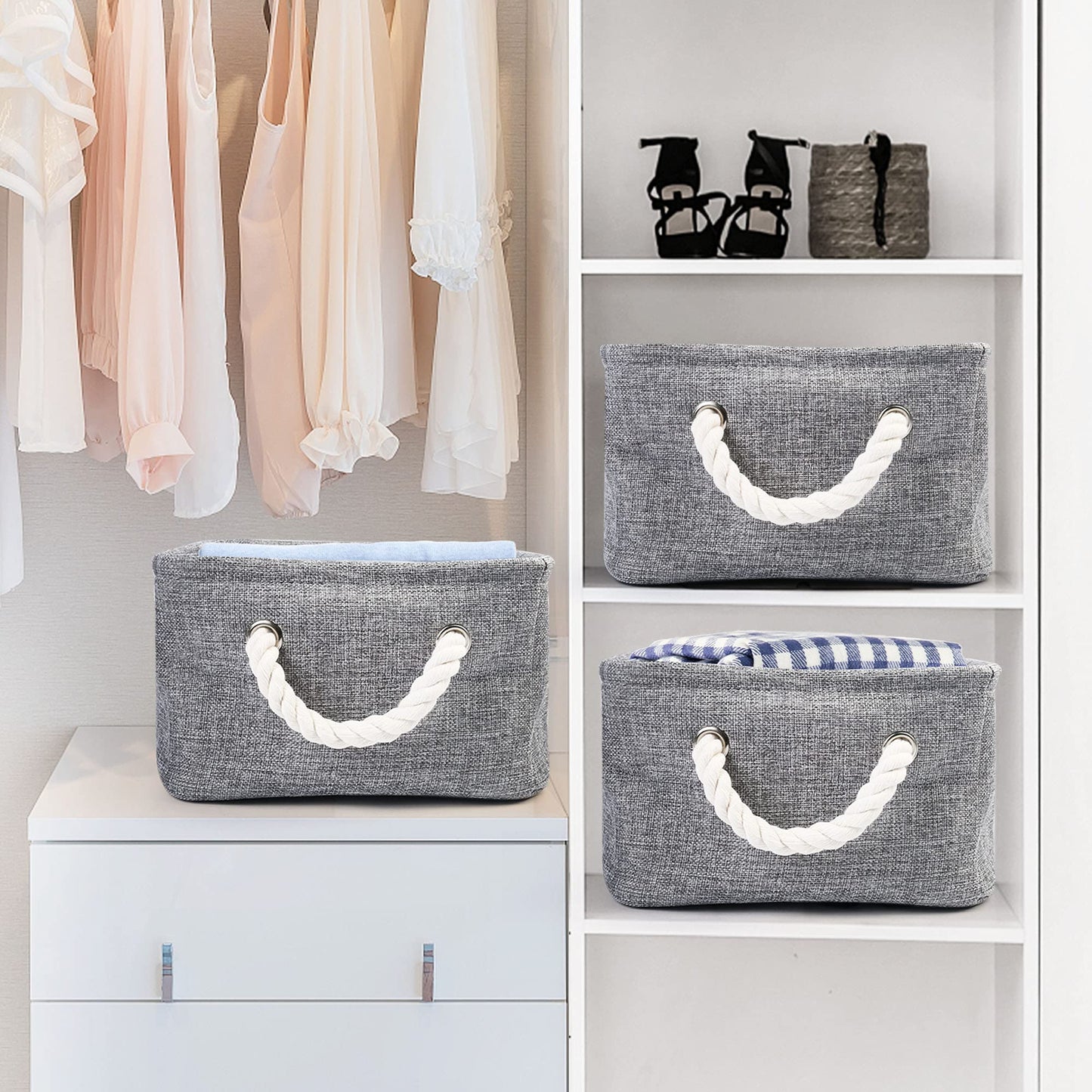 LotFancy Fabric Storage Baskets 3 Packs, Foldable Storage Bins with Handles for Shelves, Rectangular Shelf Closet Organizer for Nursery Clothes Toys Books Organizing, Grey, 14.2” x 10.2” x 6.3”