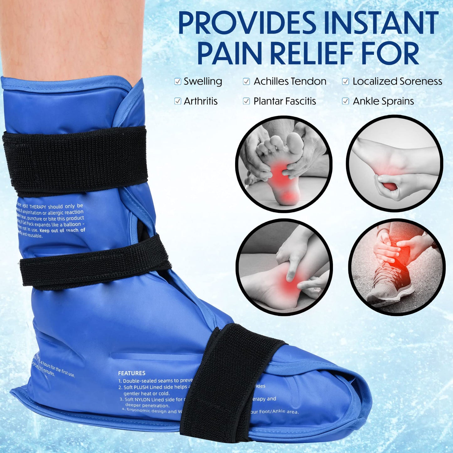 MEDLOT Foot Ankle Ice Pack Wrap, Hot Cold Therapy, Large Reusable Gel Ice Pack for Achilles Tendonitis Relief, Plantar Fasciitis, Injuries, Heel Pain, Plush Lining, with Strap, Mother's Day Gift