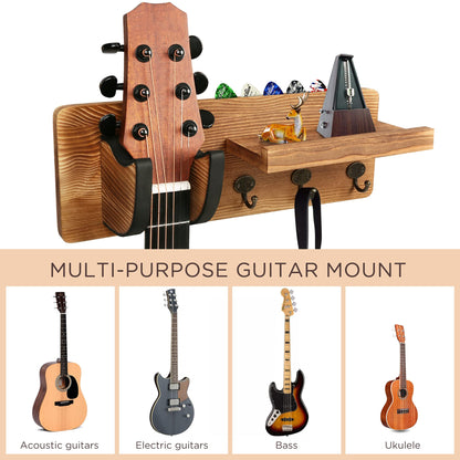 LotFancy Guitar Wall Wood Hanger Holder Mount with Pick Holder and 3 Hooks,Bonus a Wooden Board with 4 Hooks