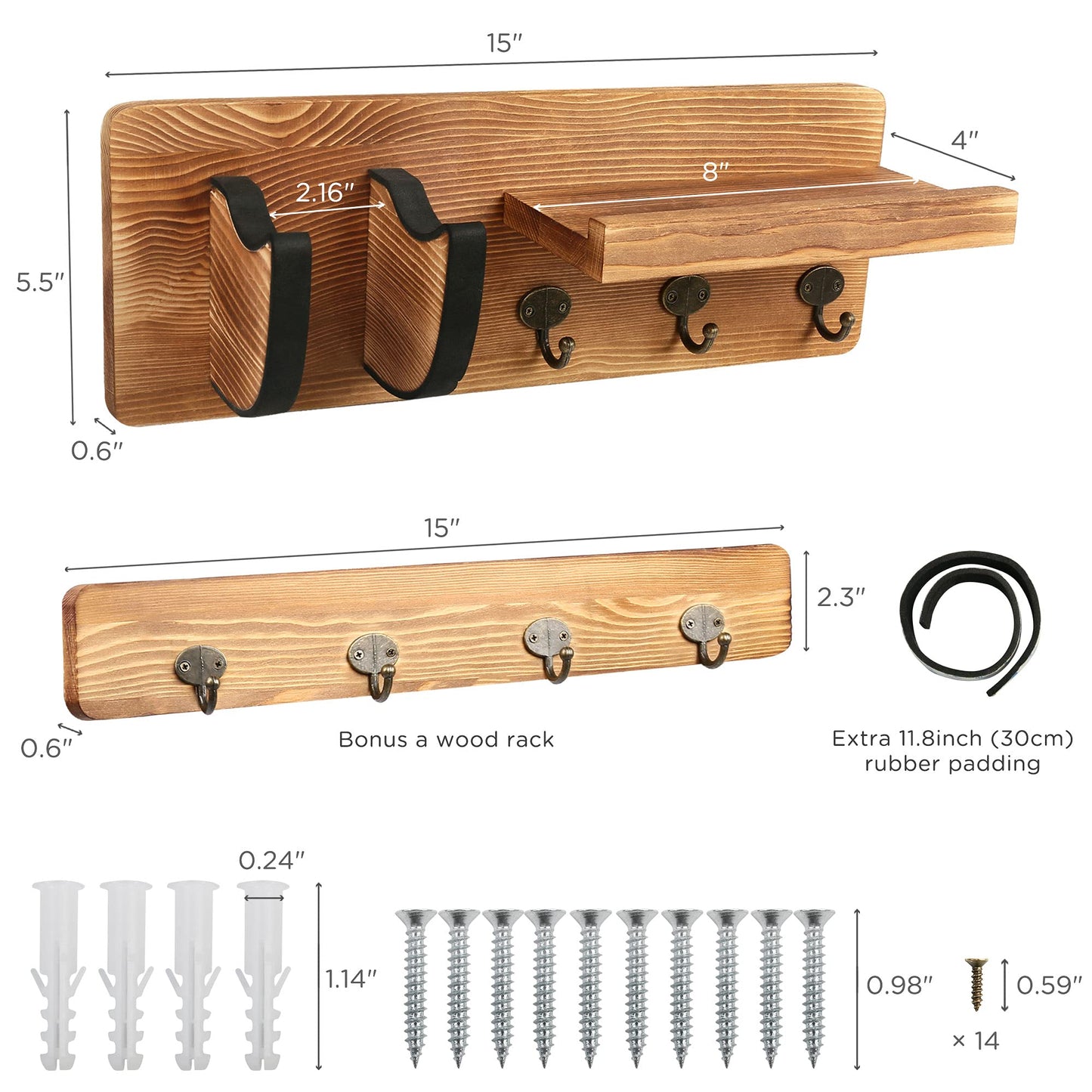 LotFancy Guitar Wall Wood Hanger Holder Mount with Pick Holder and 3 Hooks,Bonus a Wooden Board with 4 Hooks