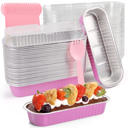 LotFancy Mini Loaf Panswith Lids and Spoons, 50Pack, 6.8oz Rectangle Aluminum Foil Mini Cake Pans