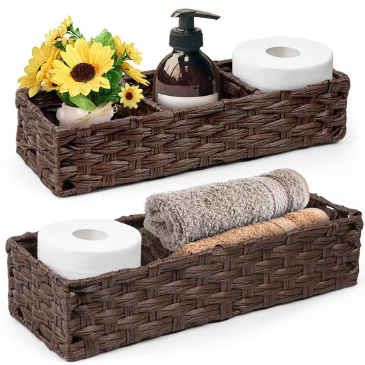 LotFancy Toilet Paper Storage Basket, 2 Pack Woven Toilet Tank Topper Basket, Back of Toilet Storage Basket, Brown Rustic Farmhouse Bathroom Décor