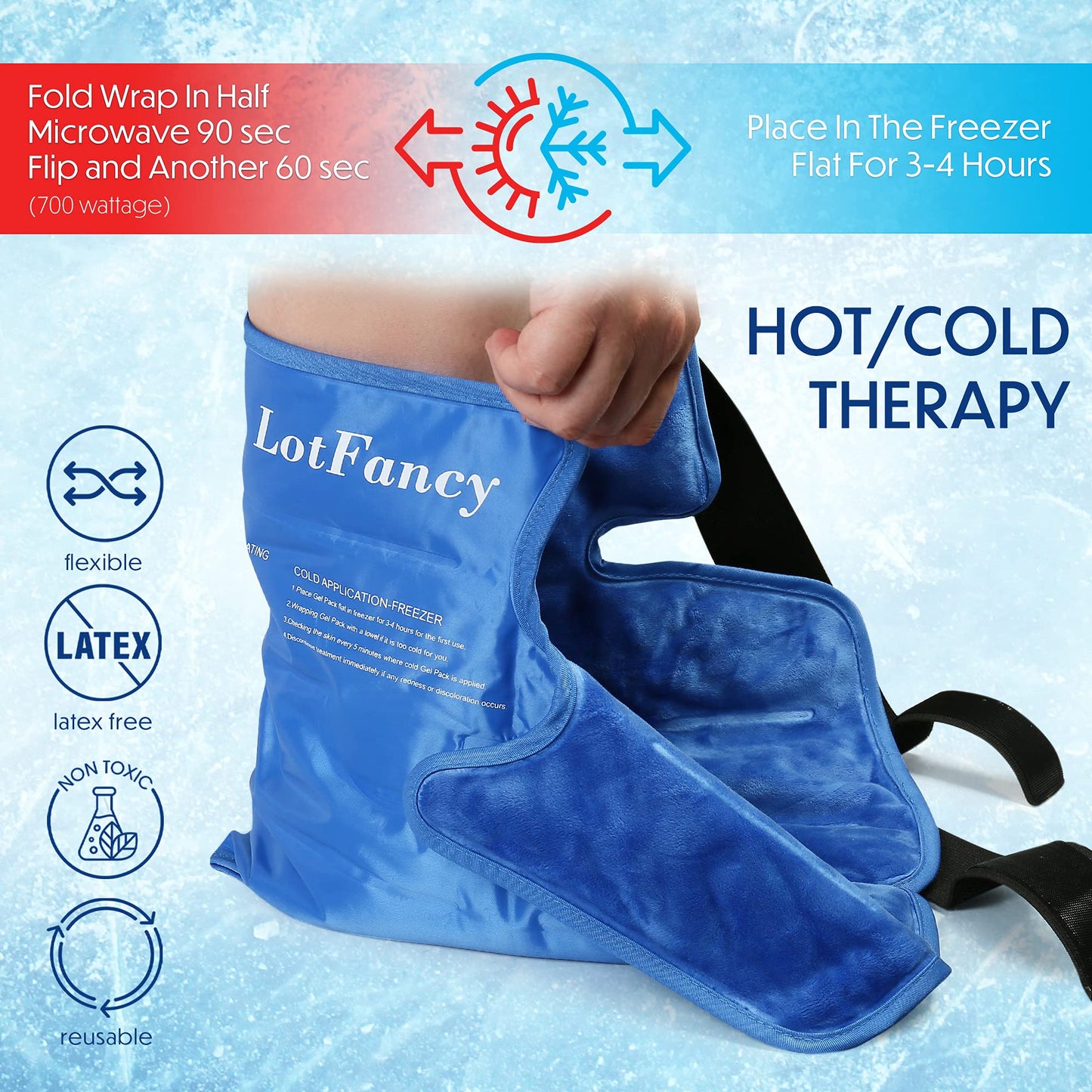 LotFancy Foot Ankle Ice Pack Wrap, Hot Cold Therapy, Large Reusable Gel Ice Pack for Achilles Tendonitis Relief, Plantar Fasciitis, Injuries, Swelling, Sprain, Heel Pain, Plush Lining, with Strap