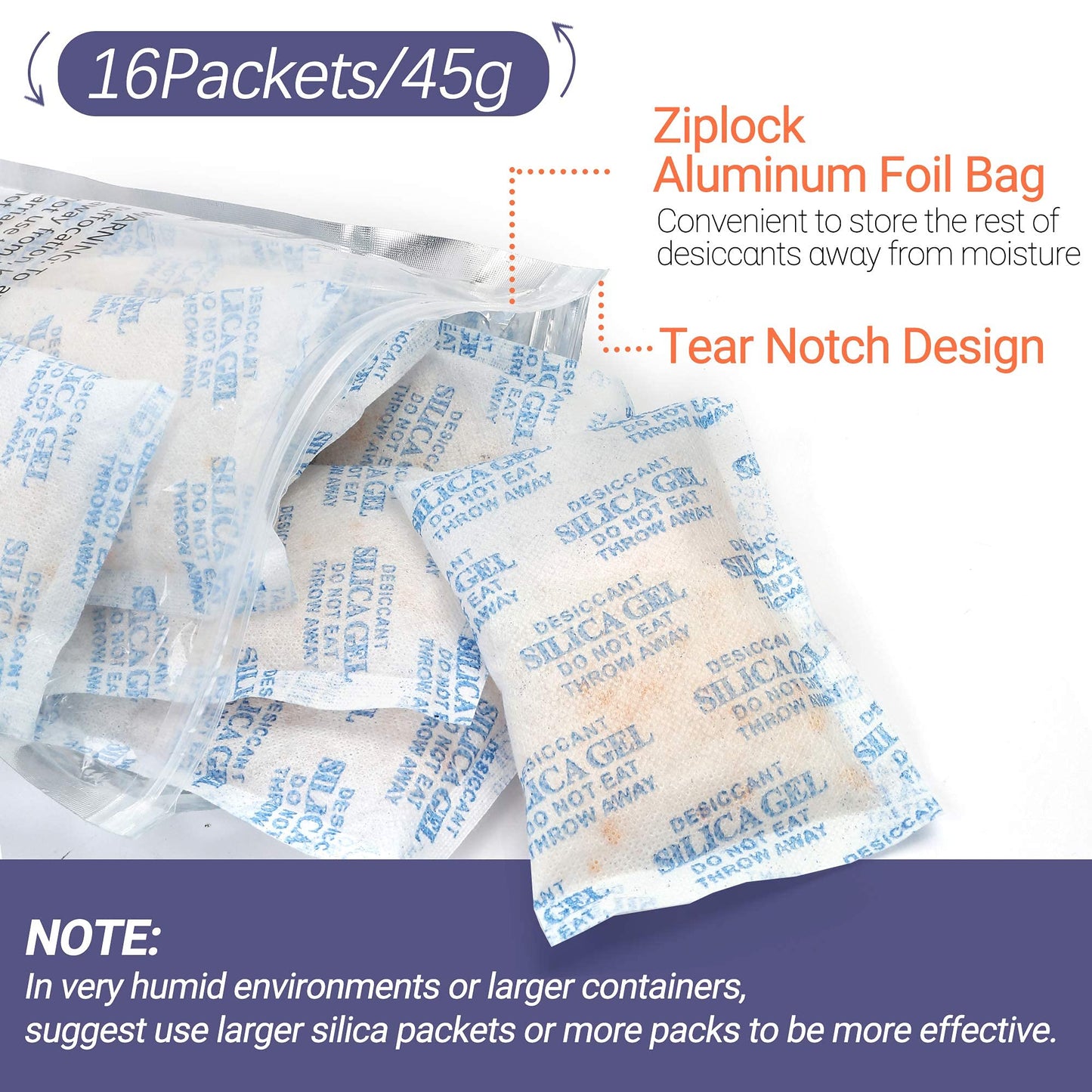 LotFancy 45 Gram 16 Packs Silica Gel Packs, Indicating Desiccant Packets, Rechargeable Food Safe Moisture Absorber Dehumidifiers Bag