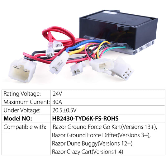 24V Control Module, 7 Connectors, 6-Pin Throttle, Model: HB2430-TYD6K-FS-ROHS, Fit for Razor Ground Force Drifter (V3+), Crazy Cart (V1-4), Dune Buggy(V12+), Razor Ground Force Go Kart (V13+)