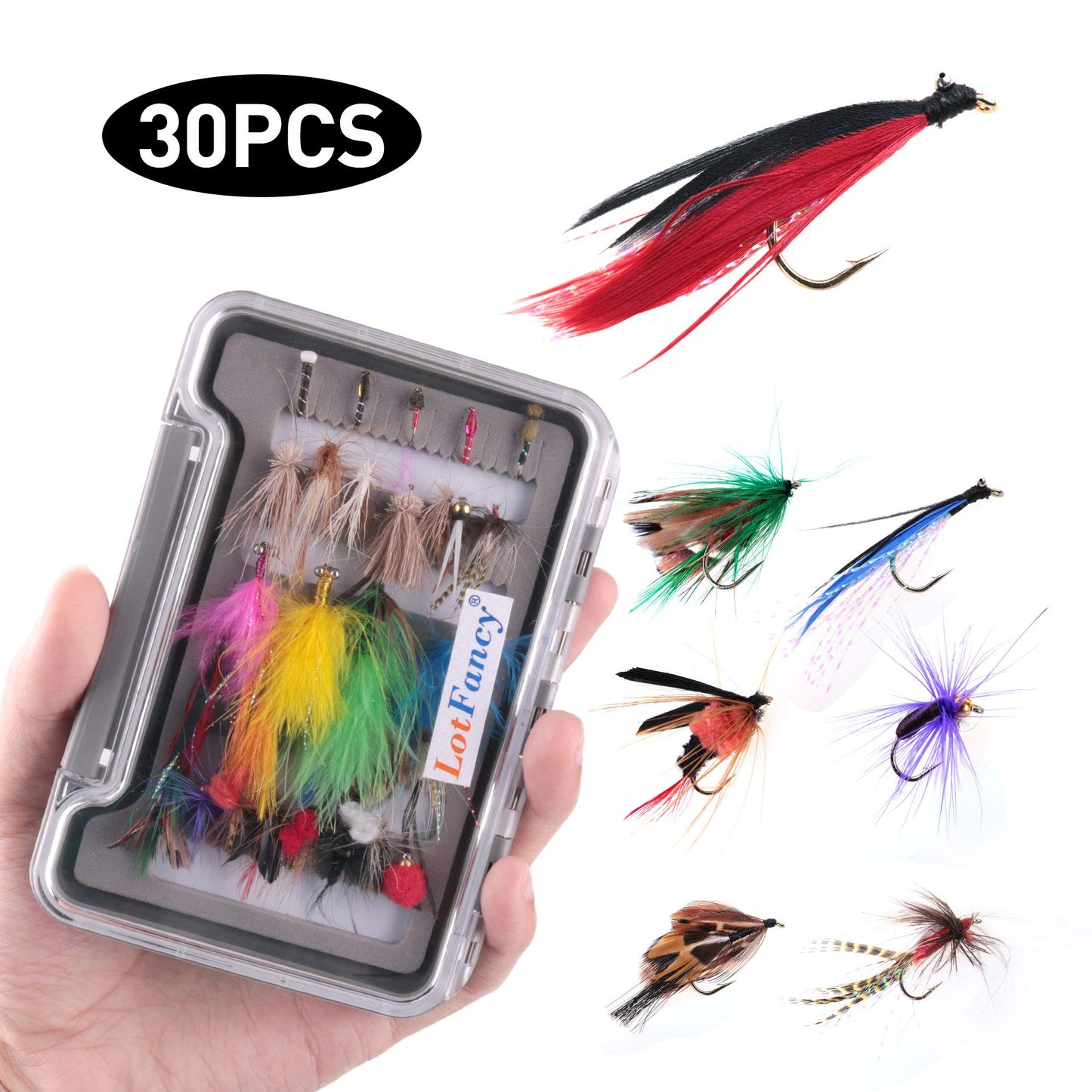 LotFancy Fishing Flies Assortment, 30 PCS Dry Flies Kit with Tackle Box, Nymph Flies, Wooly Bugger Flies, Streamers, Emergers, Caddis Fly Assortment for Trout Bass Salmon