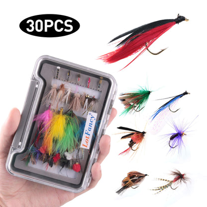 LotFancy Fishing Flies Assortment, 30 PCS Dry Flies Kit with Tackle Box, Nymph Flies, Wooly Bugger Flies, Streamers, Emergers, Caddis Fly Assortment for Trout Bass Salmon