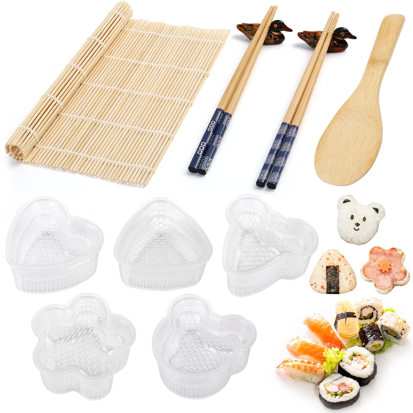 LotFancy Sushi Making Kit, 11pcs Sushi Mold DIY Tools with Triangle Heart Sushi Rice Ball Mold, Sushi Rolling Mat, Chopsticks and Holders, Paddle