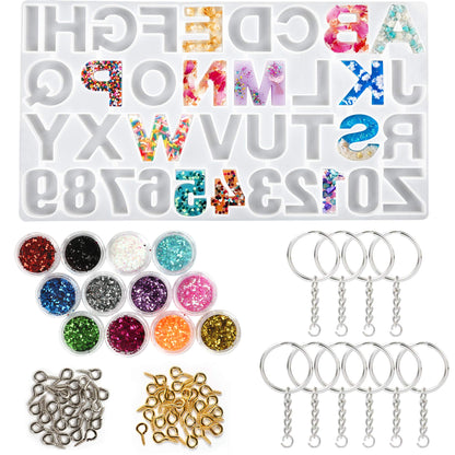 LotFancy Alphabet Molds for Resin Casting, 73pcs Keychain Epoxy Molds and Tools Set, Backwards Letter Number Silicone Mold, DIY Craft Pendant Making, with Glitter Sequins, Screw Eye Pins, Key Rings