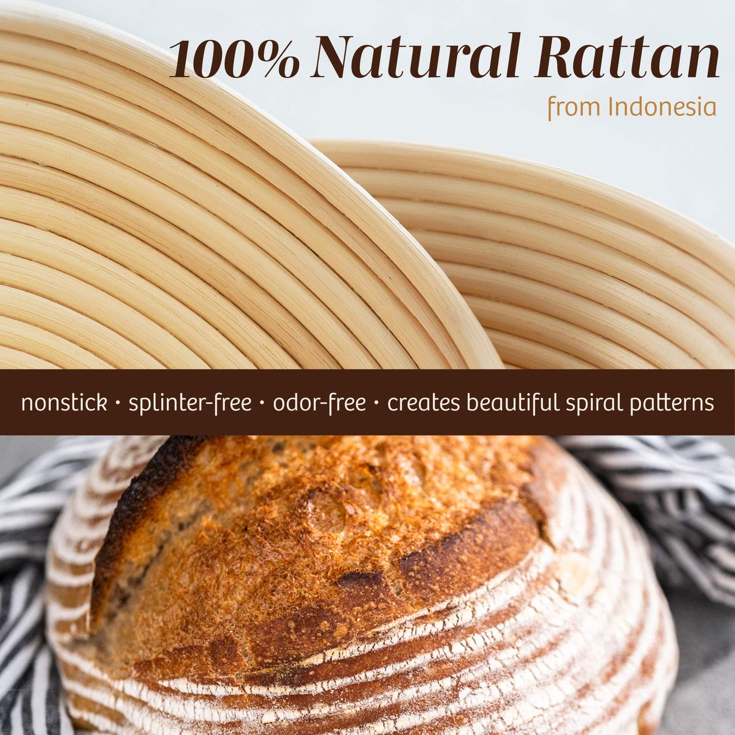 LotFancy Banneton Proofing Basket Set of 2, 9 Inch Round + 10 Inch Oval Proofing Bowls for Sourdough Bread, Natural Rattan, Includes Bread Lame + Dough Scraper + Linen Liner for Artisan & Home Bakers