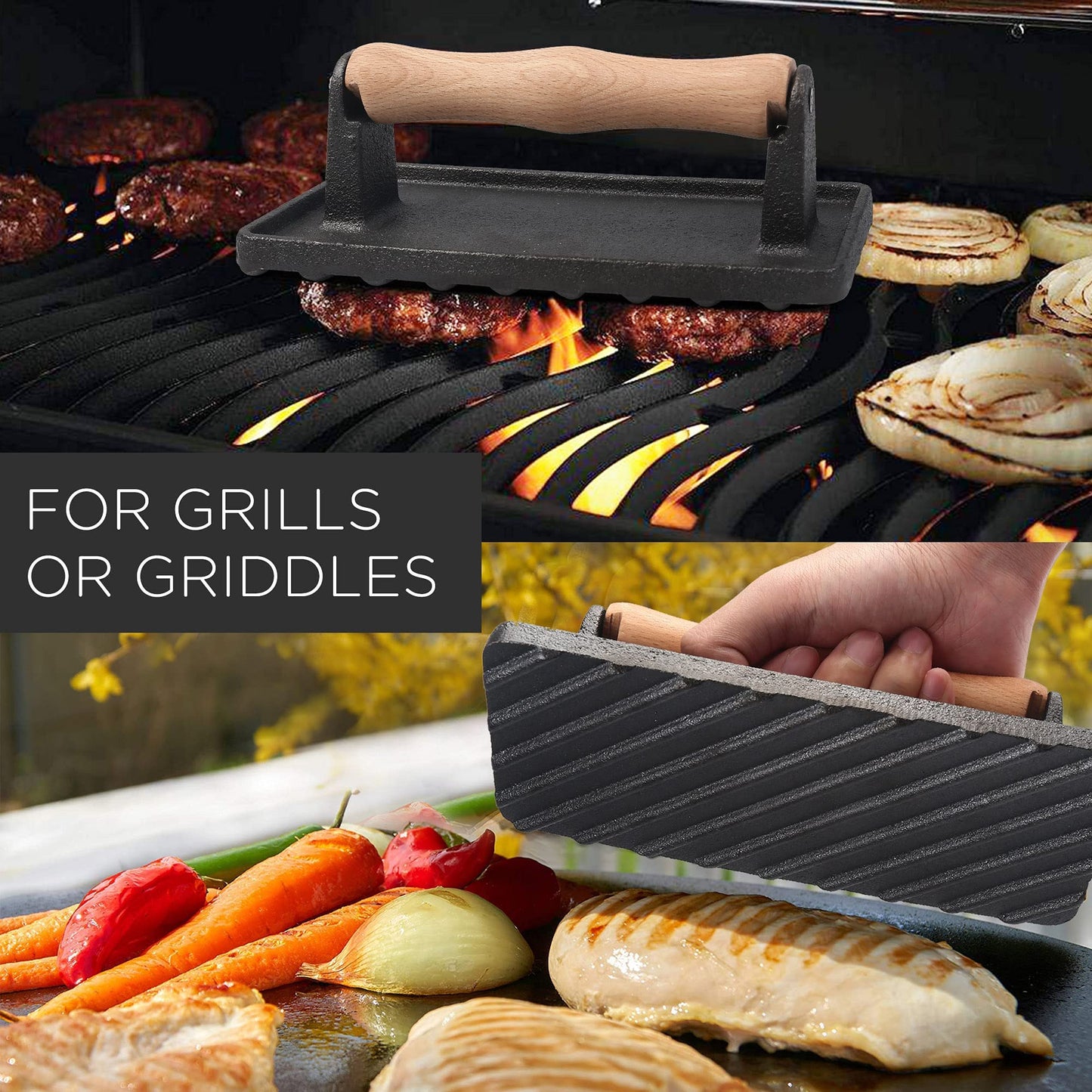 LotFancy Cast Iron Grill Press, Smash Burger Press for Griddle