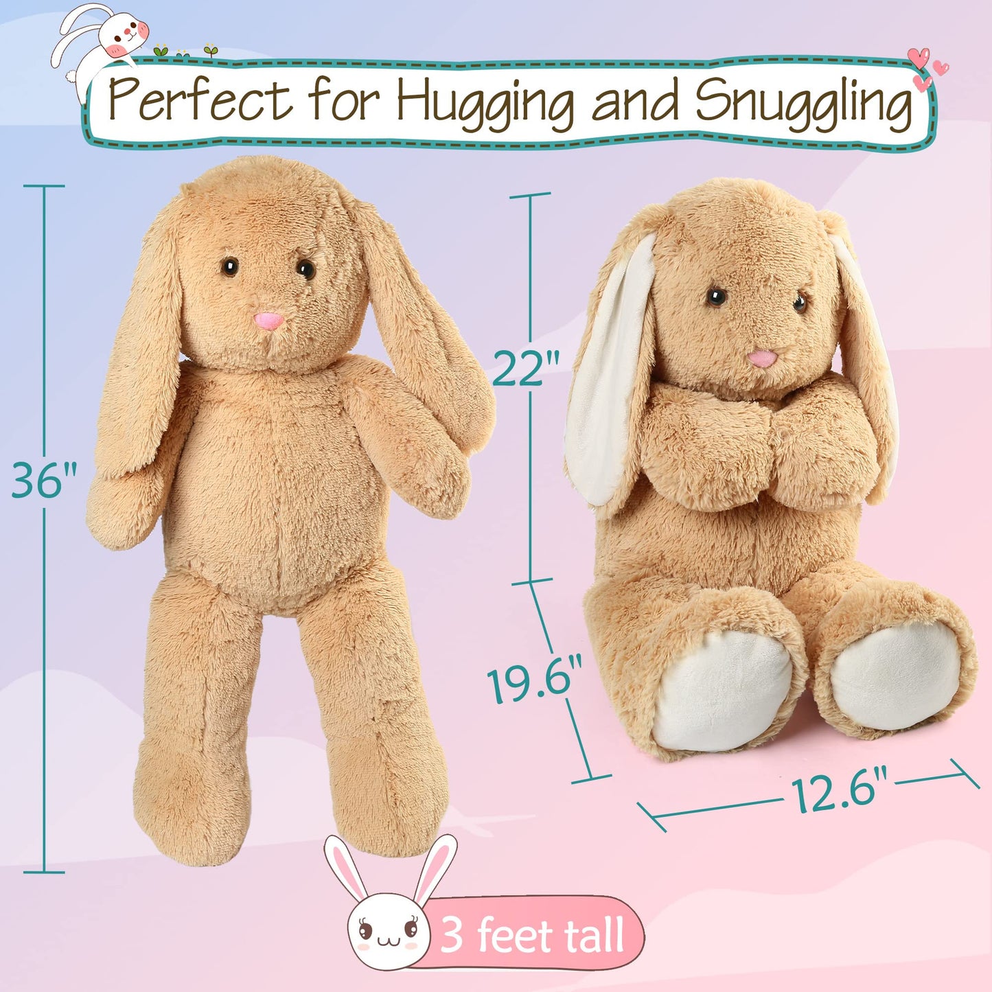 BenBen Bunny Stuffed Animal 3FT, Jumbo Soft Rabbit Plush Toy, Lop-Eared Brown Bunny Plushie (36 inches Tall)