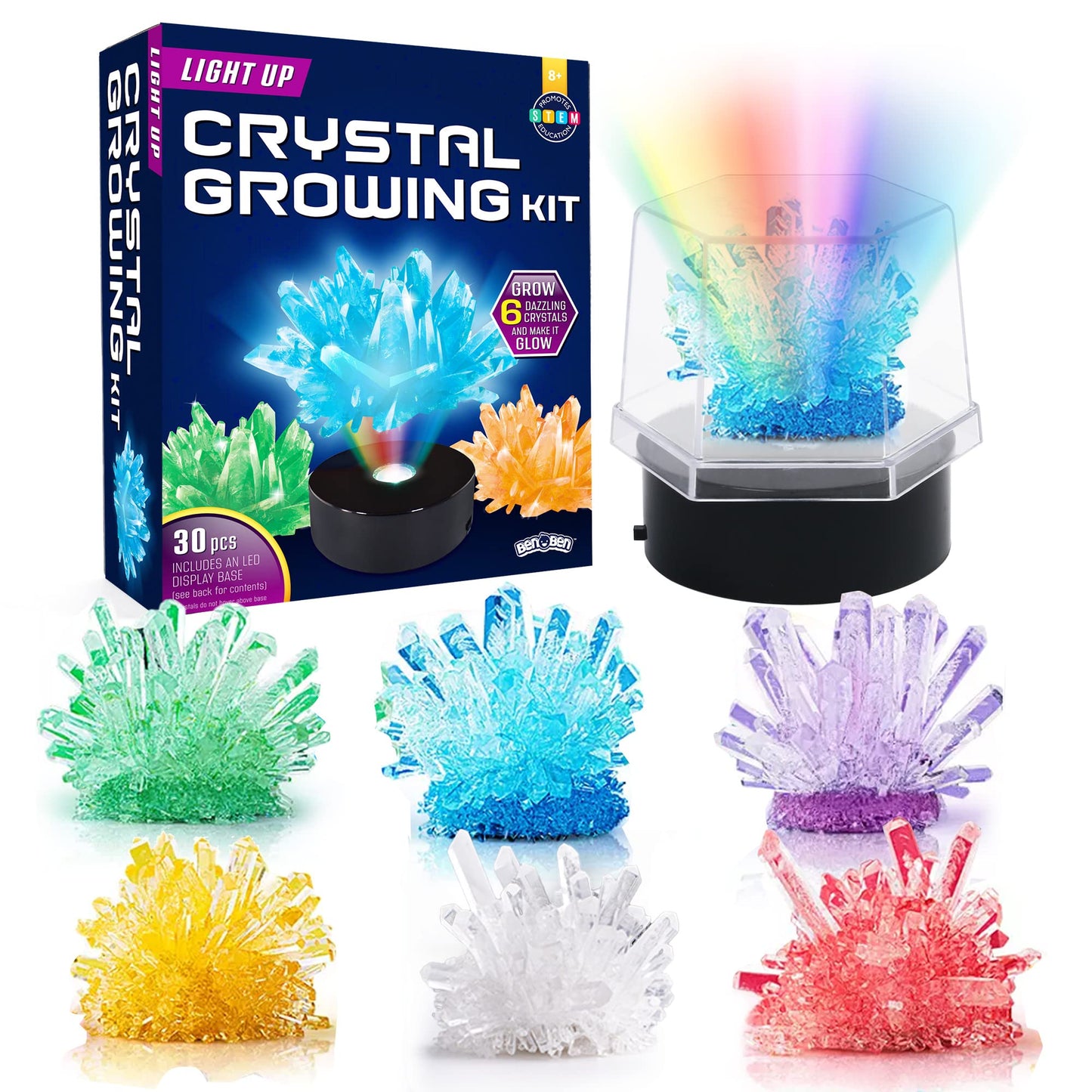 BenBen Crystal Growing Kit, 6 Crystals with LED Light Up Display Stand, Science Experiment Gifts for Kids, STEM Toy for Boys & Girls Age 8-16, User Guide Included