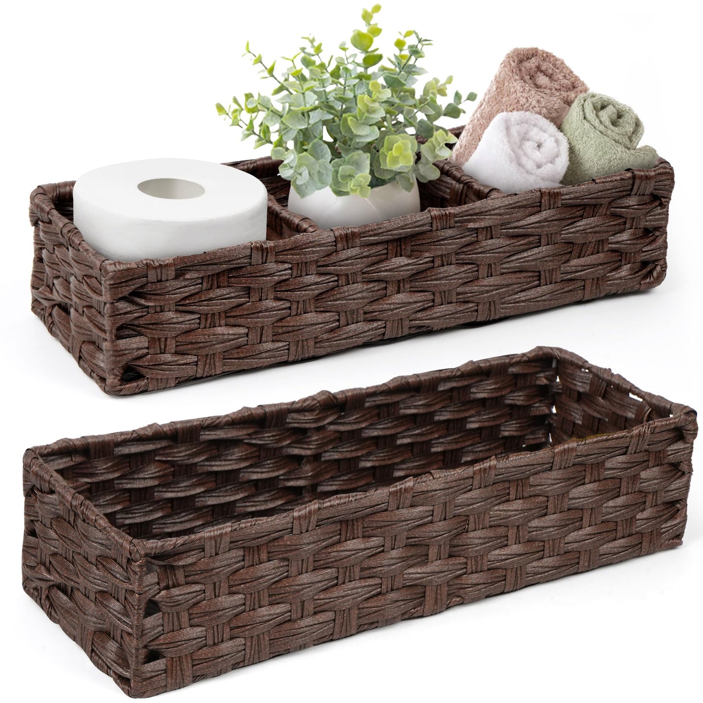 LotFancy Toilet Paper Storage Basket, 2 Pack Woven Toilet Tank Topper Basket, Back of Toilet Storage Basket, Brown Rustic Farmhouse Bathroom Décor