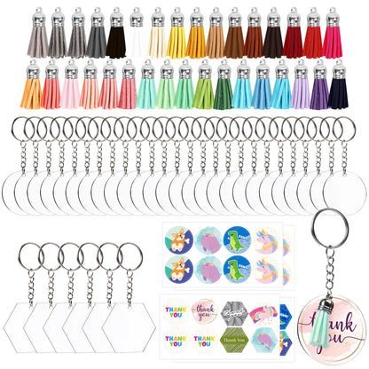 LotFancy 160 Pcs Acrylic Keychain Blanks Set for Vinyl Craft, Includes 32Pc 2” Clear Acrylic Discs (Round & Hexagon), 32Pc Colorful Tassels, 32Pc Silver Key Chains, 32Pc Jump Rings and 32Pc Stickers