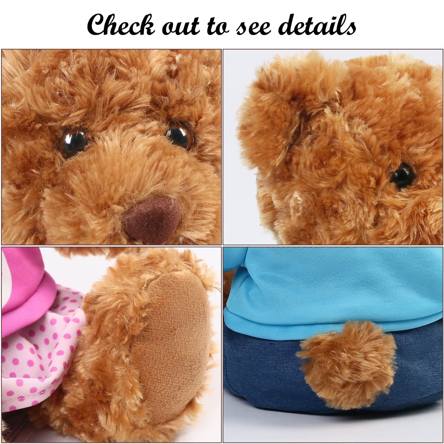 BenBen Brown Teddy Bear Stuffed Animal with Removable Clothes, 2 Pack, 10 inch Plush Baby Bear with T-Shirts on, Couple Gift