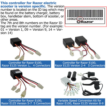 24V Control Module, 7 Connectors, 4-Wire Throttle, Fits for Razor E100(V10+), E125 (V10+), E150 (All Version), eSpark(All Version), Trikke E2 (All Version), Model: ZK2400-DP-LD (ZK2400-DP-FS)