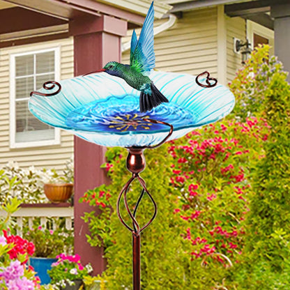 LotFancy Glass Bird Bath, 35” Height Birdbaths for Outdoor Garden Clearance, with Metal Stake, Blue Flower