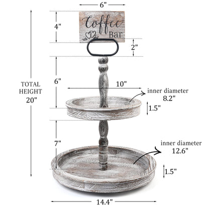 LotFancy Farmhouse Tiered Tray, Distressed Wooden 2 Tier Stand with Metal Handle, 17x14'' White Round Decorative Tray, Wood Sign Included