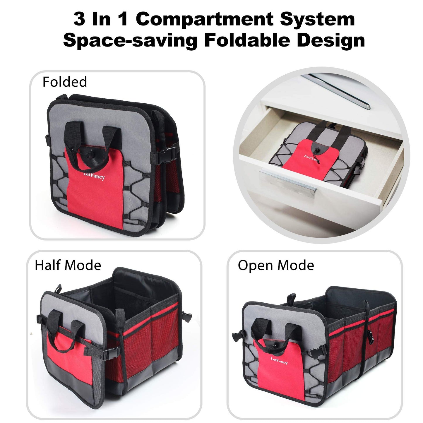 LotFancy Car Trunk Organizer for SUV, Cargo, Van, Truck, Vehicle, Collapsible Portable Multi Compartments Cargo Storage, Strap Handle, Foldable, Non Slip Bottom, Heavy Duty Durable Construction