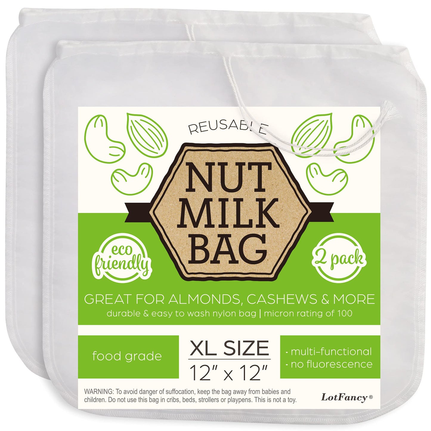 LotFancy Nut Milk Bags, 2 Pack, 100 Micron, 12” x 12” Reusable Mesh Strainer Bag, Food Grade, BPA-Free Fine Nylon Mesh Filter for Almond Milk, Yogurt, Juices, Cold Brew Coffee