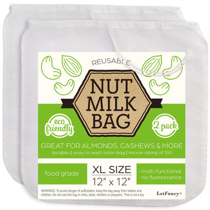 LotFancy Nut Milk Bags, 2 Pack, 100 Micron, 12” x 12” Reusable Mesh Strainer Bag, Food Grade, BPA-Free Fine Nylon Mesh Filter for Almond Milk, Yogurt, Juices, Cold Brew Coffee