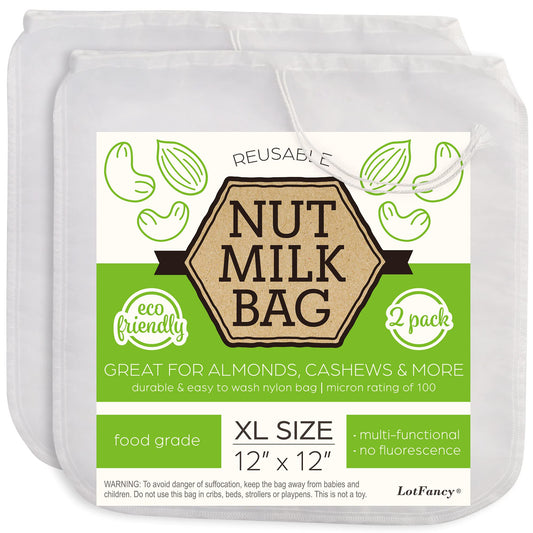 LotFancy Nut Milk Bags, 2 Pack, 100 Micron, 12” x 12” Reusable Mesh Strainer Bag, Food Grade, BPA-Free Fine Nylon Mesh Filter for Almond Milk, Yogurt, Juices, Cold Brew Coffee
